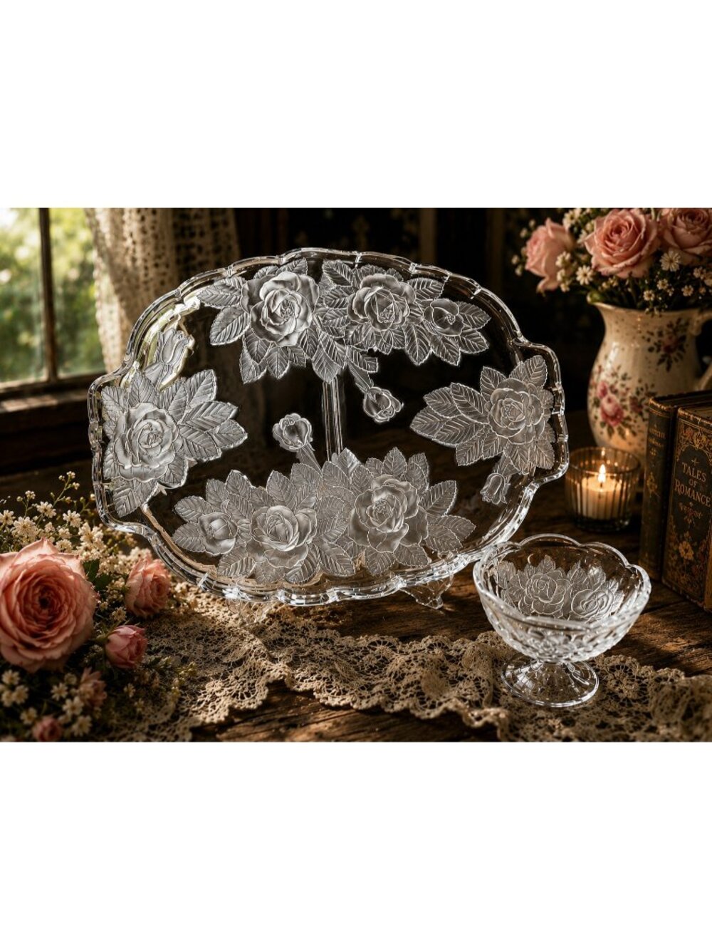 Vintage Mikasa Raised Rose Glass Platter Frosted Floral Tray Footed Snack Bowl